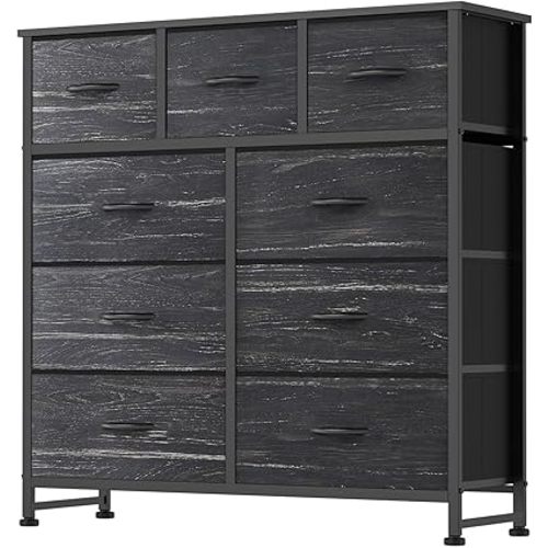 DUMOS 9 Drawer Dresser for Bedroom, Fabric Storage Organizer with Sturdy Metal Frame, Wooden Top Chest of Drawers for Closet Entryway Guest Room,Black Wood