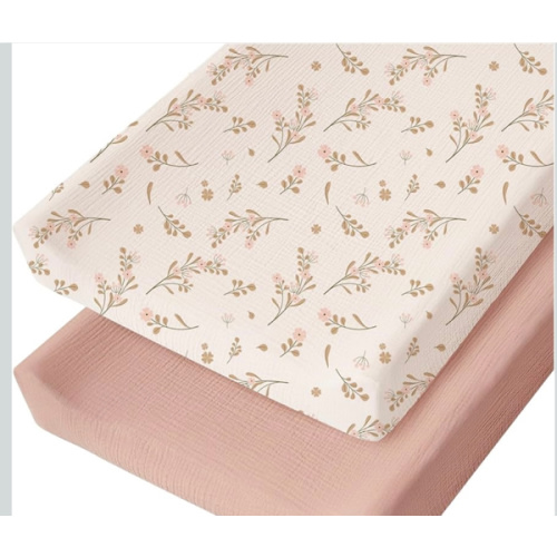 Konssy Muslin Changing Pad Cover for Baby Girls Boys, 100% Cotton Fitted Diaper Chang Table Covers, Soft Breathable Changing Pad Sheets, 2 Pack (Floral,Pink)