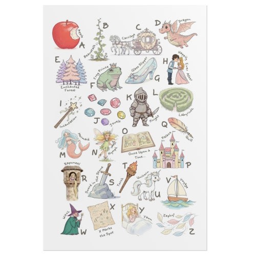 Fairytale Alphabet Print, Storybook ABC Nursery Wall Art, Baby Girl Boy Room Decor, Fantasy Kid Playroom Poster, Baby Shower Gift for Kids