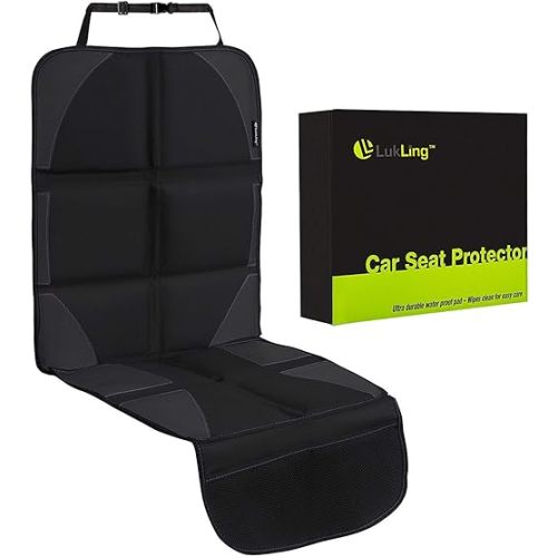 Lukling Car Seat Protector with Thickest and Largest Pad for Leather Seats in Luxury Cars ­- 2 Mesh Organizer Pockets -­ Works Great with Children and Pets, (Black with Black Stitching)