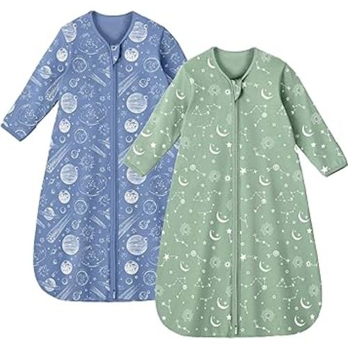 Baby Sleep Sack 0-6 Months 100% Cotton Long Sleeve Wearable Blanket Baby Sleep Bag with 2-Way Zipper 2 Pack 0.5 Tog Sleeping Sack for Newborn Infant