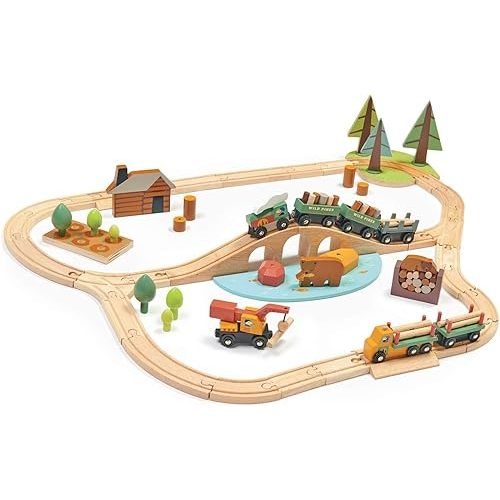 Tender Leaf Toys - Wild Pines Train Set - 95 Pieces Wooden Train & Bridge Set for Kids, Toddler Boys & Girls - Compatible with Most Toy Trains - Age 3+