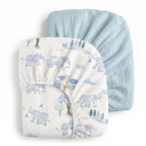 Muslin Crib Sheets for Boys Girls, Fitted 52''x28'' Organic Cotton | 2Pk, 100% cotton, breathable & skin-friendly, fits standard crib and toddler mattresses, secure all-around elastic Bed Cover
