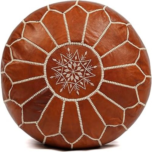 Moroccan Ottoman Leather Pouf : Luxurious Comfort for Your Living Space, Genuine Leather, Boho Chic Décor for Living Rooms, Bedrooms, and More (Tan brown)