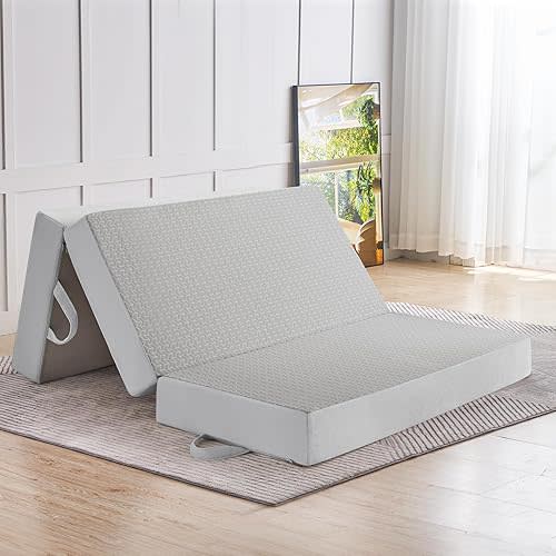 CYMULA Folding Mattress Full Size, 6 inch Memory Foam Tri Portable Murphy Bed and Futon, Full Topper with Breathable & Washable Cover, Foldable Floor Mattress for RV，Guest Beds，Grey (52"×73"×6")