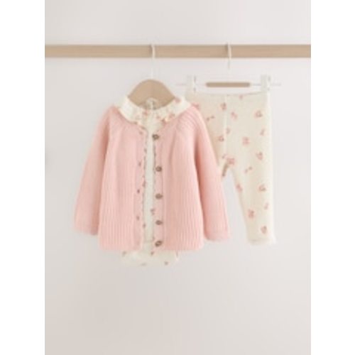 Buy White Floral Bodysuit, Legging with Pink Knitted Cardigan Baby 3 Piece Set (0mths-2yrs) from Next USA (3-6 months)