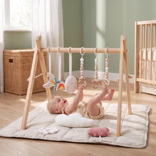 Wooden Play Gym with Beige Mat, Foldable Baby Play Gym, Infant Activity Mat with 6 Hanging Toys, Natural Pine Wood Frame Activity Center, Easy to Assemble & Clean, Newborn Present for Boys & Girls