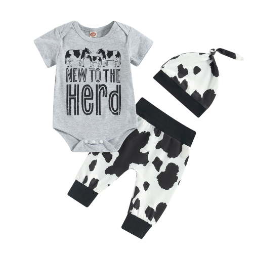 Elippeo Baby 3Pcs Summer Outfits 3 6 12 Months Short Sleeve Romper + Cow Print Pants + Knot Hat Set Newborn Clothes