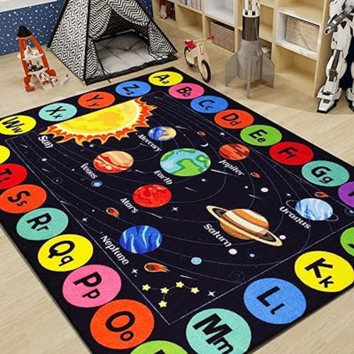 Outer Space Kids Rug Carpet for Playroom, ABC Educational Learning Area Rug, Non-Slip Solar System Road Play Play Rug for Kids Bedrooms, Classroom, Nursery Room Decor (Black, 59X39.4 INCH)
