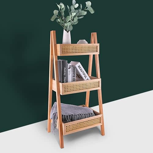 ZYBT Ladder Bookshelf, 3-Tier Rattan Bookshelf, Free Standing Bookcase, Blanket Ladder, Wood Organizer Storage Shelves for Living Room Bedroom Kitchen Balcony and Home Office