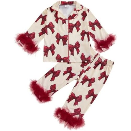 MAINESAKA Toddler Girl Button Down Pajamas Set Cute Bow Print Feather Trim Long Sleeve Sleep Shirt + Pants Set Girls Fall Pjs