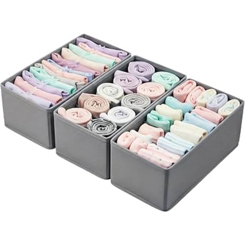 Small Foldable Fabric Drawer Organizer 3-Pack - 11“ Breathable Closet & Dresser Storage Bins for Socks, Underwear, Bras & Baby Clothes, Gray