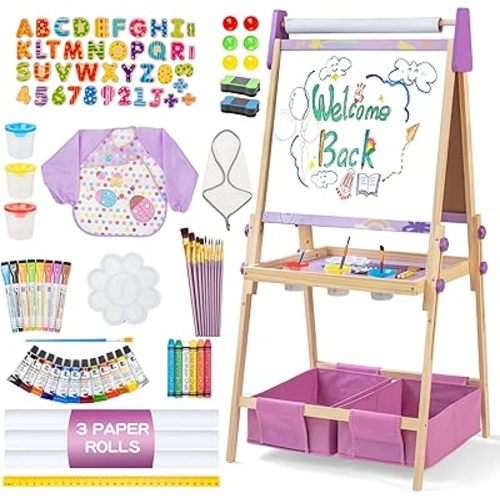3-in-1 Adjustable Kids Art Easel Set, Height Adjustable Magnetic Whiteboard & Chalkboard with Painting Paper Roll, Wooden Dual-Sided Art Station for Toddlers & Children Ages 3+, Art Supplies Included
