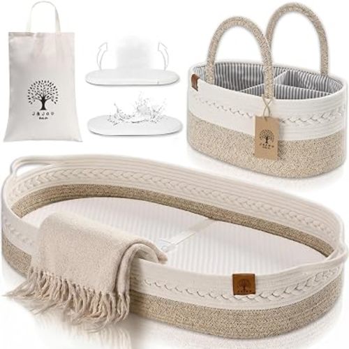 Baby Changing Basket Includes Diaper Caddy - Soft & Waterproof Dual-Cover, Portable, Changing Pad for Dresser & Changing Table, Gift for Baby Shower, Organic Cotton Rope