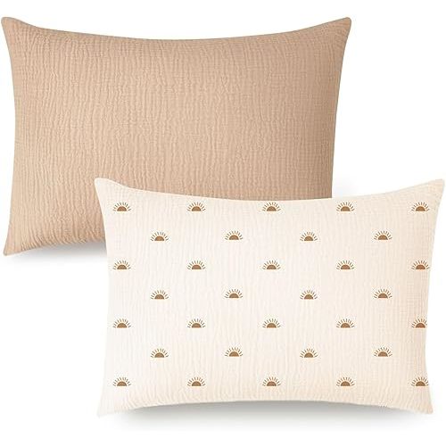 Konssy Muslin Toddler Pillowcase for 13x18 Pillow, 2 Pack Soft & Breathable Cotton Toddler Pillow Case, 100% Cotton Travel Pillow Covers for Baby Kids (Camel,Sun)