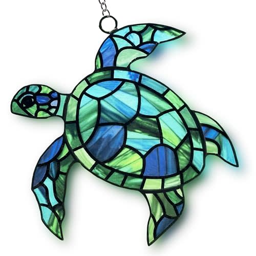 Sea Turtle Suncatcher Decor, Sea Turtles Stained Glass Window Hanging for Turtle Lovers, Wall Decor for Indoor Outdoor.