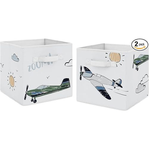 Sweet Jojo Designs Vintage Airplane Boy Collapsible Fabric Storage Cubes Foldable Bins Organizer Boxes Kids Baby Childrens Toys (Set of 2) Grey Green Blue White Yellow Airplanes Plane Transportation