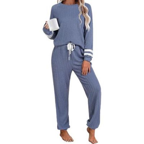Ekouaer Lounge Sets for Women Ribbed Knit Outfits Pajamas Sets 2 Piece Long Sleeve Sweatsuits with Pockets Grey Blue L