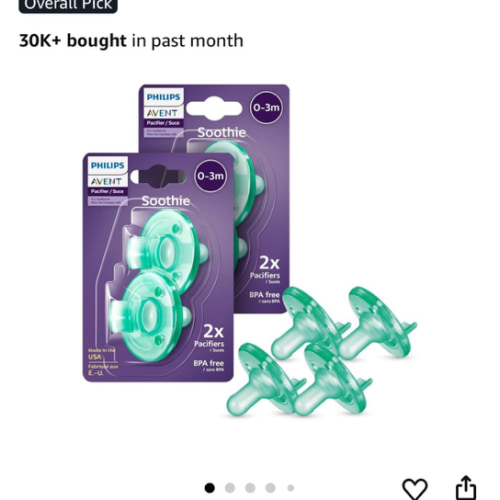 Philips Avent Soothie Orthodontic Baby Pacifiers, 100% Silicone Pacifiers, One Piece, BPA-Free, for Babies 0-3 Months, Green, 4 Pack, Model SCF190/41
