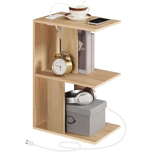 Modern End Table with Charging Station, Narrow Side Table for Small Spaces with USB Ports and Outlets, Narrow Nightstand with Light, Thin Bedside Table for Living Room, Natural ETNA18E01