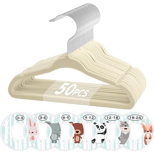 VIS'V Baby Hangers, 11 Inch Velvet Kids Hangers with 6 Pcs Clothes Size Dividers, Infant Toddler Nursery Closet Organization, Non Slip, Beige, 50 Pcs