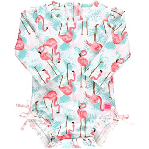 RuffleButts® Girls UPF 50+ Sun Protection Long Sleeve One Piece Swimsuit with Zipper