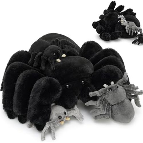 MorisMos 4Pcs Large Spider Plush, 16 Inch Mommy Spider Stuffed Animals with 3 Baby, Soft Cuddly Pillow Plush Gifts for Kids Boys Girls, Black