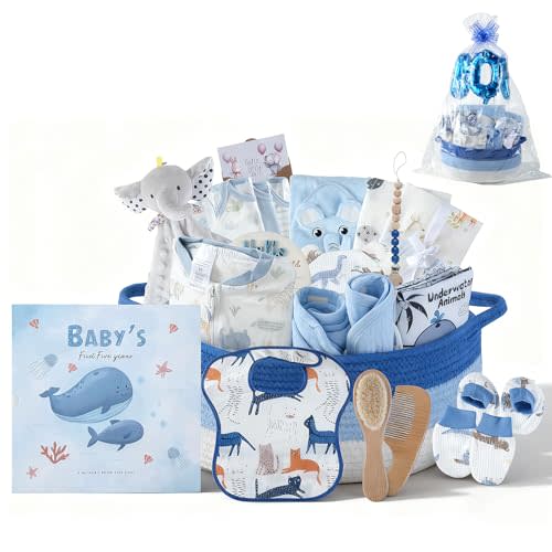 25-Pcs Luxury Baby Boy Gift Basket Set, 0-12M Baby Boy Gifts | Baby Shower Gifts with Keepsake Memory Book. Ultimate Newborn Essentials in Woven Basket for Unforgettable Welcome Mom Gift