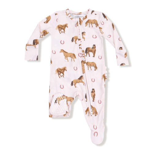 2-Way Zip Ruffle Footie, Horses Pink