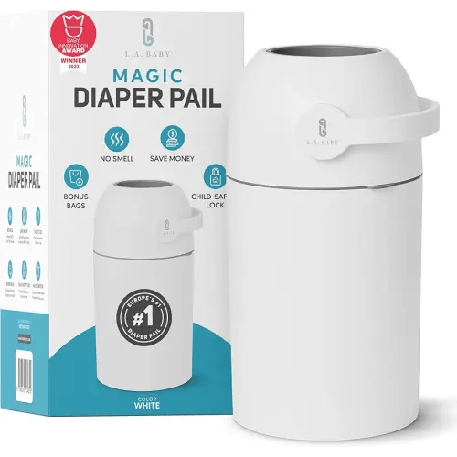 L.A. BABY Magic Diaper Pail - Patented 100% Odor-Free System with Child-Safe Lock - Award-Winning Design - No Refills Required - Works with Regular Trash Bags - White