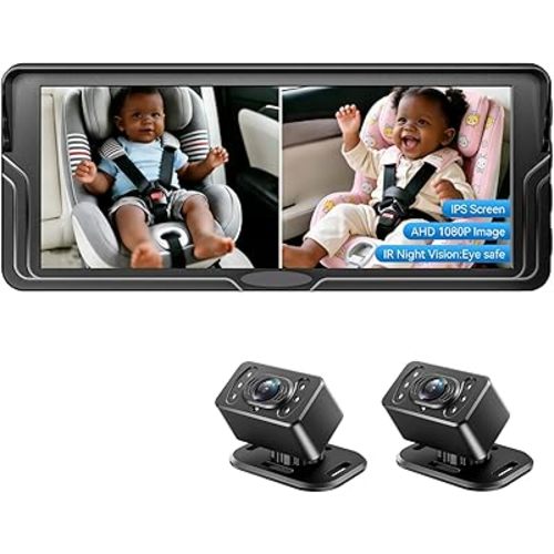 Dual Baby Car Camera for 2 Kids - 6.86 Inch IPS AHD 1080P Split Screen Monitor with 2 Backseat Cameras, Cigarette Lighter & USB Powered, IR Night Vision, 360 Rotatable, Double Rear-Facing Mirror