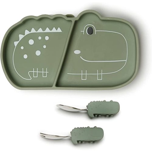 Loulou Lollipop Baby Suction Plate, Fork and Spoon Feeding Set, Alligator | Divided self-feeding plate plus chunky-grip stainless steel fork and spoon; made from food-grade silicone, BPA and PVC free