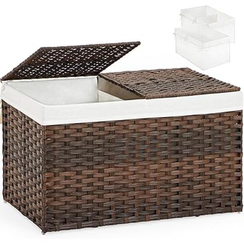 Storage Basket with Lid Rattan Storage Basket with 2 Separate Lid, 27.8 Gallon (105 L) 25.2 * 15.4 * 16.1 Inches Woven Wicker Baskets with 2 Liners and Handles for Bedroom Laundry-Brown