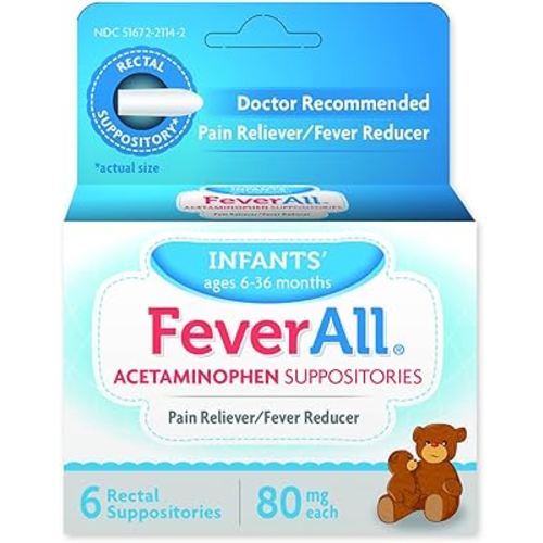 Feverall Infant Acetaminophen Suppositories 6 Rectal Suppositories 80mg Each Pain Reliever/Fever Reducer. Paraben Free, No Artificial Colors or Other preservatives. Ages 6-36 Months
