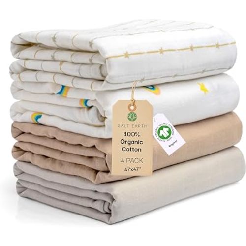 Salt Earth GOTS Certified 100% Organic Cotton 2-Layered Swaddle Baby Blanket, 4 Pack, 47"x47" Receiving Blankets for Swaddling, Wrap for Boy & Girl, Newborn Baby Essentials, Registry(Solids & Rainbow)
