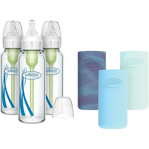 Dr. Brown's Anti-Colic Options+ Narrow Glass Baby Bottles with Silicone Sleeves, Blue, Glow, Mint, BPA-Free, 8 oz/250 mL, 0m+, 3-Pack