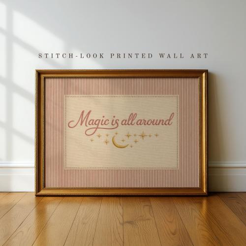 Magic Is All Around Nursery Wall Art – Vintage Pink Celestial Moon Stars Print