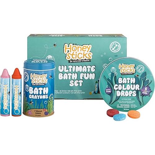Honeysticks Ultimate Bath Fun Set - Non Toxic Bath Crayons (7 Pack) and Bath Color Tablets (36 Drops) for Hours of Creative Bathtub Fun - Natural and Food Grade Ingredients - Great Gift Set for Kids