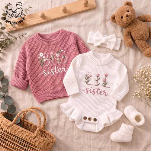 EMBROIDERED Big Sister Floral Knit Sweater, Flower Little Sister Baby Romper, Botanical Sister Sibling Matching Outfit, Sibling Reveal Gift