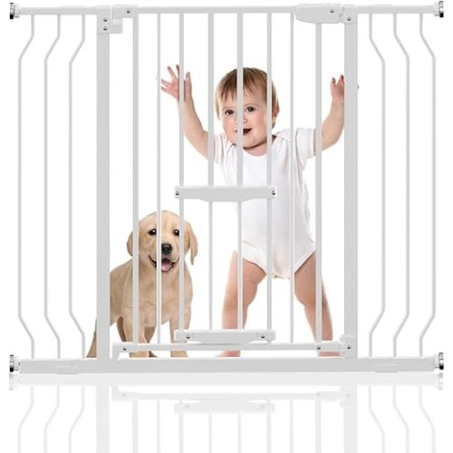 Extra Tall Baby Gate with Cat Door - Upgraded 29.5-43" Wide Child Gate with Adjustment Pet Door, Auto Close Easy Walk Thru Baby Gate, Wall Mounted Gate Includes 4 Wall Cups 2 Extensions
