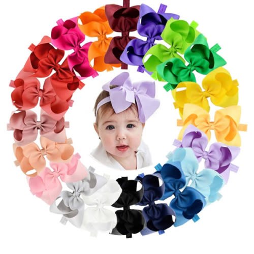 jollybows 20pcs Baby Girls Grosgrain Ribbon Hair Bows Headbands 6" Elastic Hair Band Hair Accessories for Infants Newborn (Multicoloured 6“ Bows Elastic Headband)