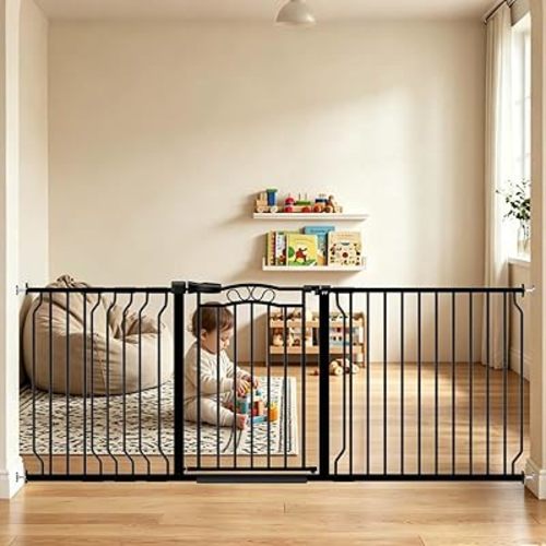 Fairy Baby 71.7"-81.1" Extra Wide Baby Gate for Doorways, Large Pet Gate for Wide Openings, Pressure Mounted Safety Child Gate for Stairs, Metal Auto Close Long Dog Gate with Door Walk Thru, Black