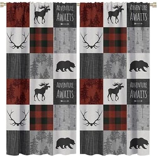 JESTRONRY Moose Bear Bedroom Curtains,Vintage Country Forest Christmas Decor Black Red Plaid Deer Silhouettes Splicing Blackout Rod Pocket Window Drapes for Living Room Kitchen Decor W42xL45in