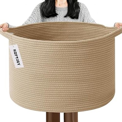 65L Extra Large Woven Cotton Rope Blanket Basket with Handles, Laundry Hamper Storage Bin for Pillows, Comforters,Clothes, Toys, Nursery, Bedroom and Living Room Organization,Camel