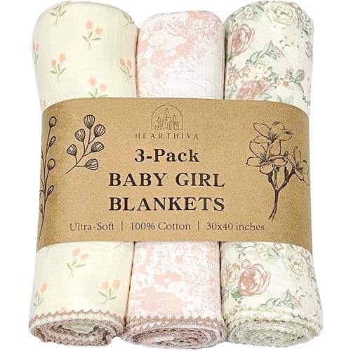 HEARTHIVA Baby Blanket Set – 3-Pack 100% Cotton Receiving Blankets for Newborns – Soft, Breathable & Lightweight – 30"x40" Multi-Purpose Baby Blankets (Pink-Themed, Floral)