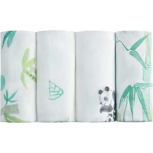Bamboo Muslin Swaddle Blanket, 4 Pack, 47x47 Inch Large Baby Swaddle, Lightweight & Breathable, Soft for Newborn, Multi-Use Receiving Blanket, Whimsical Pandas