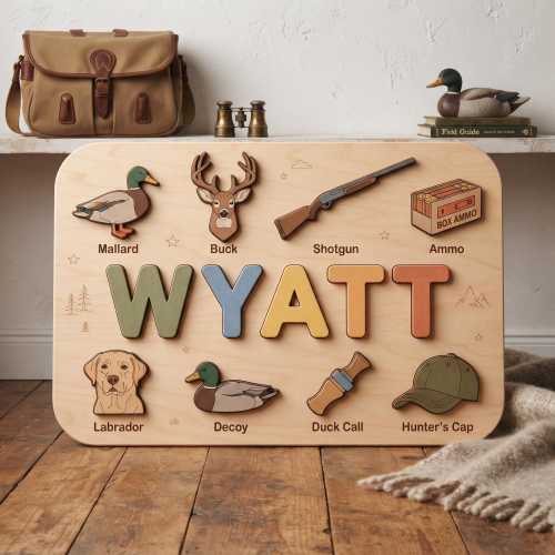 Personalized Hunting Wooden Name Puzzle Toddler, Custom Duck Deer Baby Gift, Name Puzzle Mallard Buck Shotgun Ammo, Nursery Wood Decor