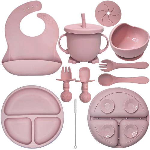 HippoBaby Baby Led Weaning Supplies | 10 Piece Silicone Feeding Set | Baby Toddler Bib Cup Divided Plate and Bowl Self Feeding Spoons Dish Set | Toddler Feeding Supplies (Rose Quartz)