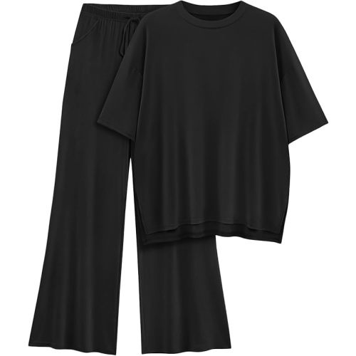 Womens Lounge Set 2026 Summer 2 Piece Outfits Oversized Short Sleeve Tops & Wide Leg Pant Matching Sets Clothing
