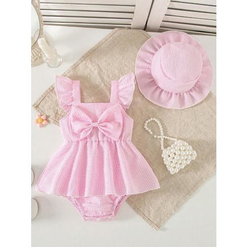 Summer Baby Girls' Striped Romper With Big Bow Decor, Cap Sleeve Bib Overall, Versatile Outfits For Infants, Comes With Sun Hat, Newborn Summer Clothing Gift | SHEIN USA